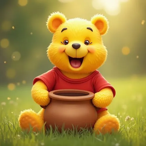 Excited disney yellow chubby teddy bear in a red T-shirt sitting in the grass holding hunny pot in sunshine ,a cartoon teddy bear holding a pot in the grass,pooh,winnie,cute bear,pudsey,bamse,3d teddy