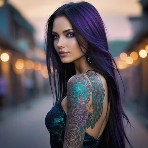 tattoo girl,sleeve,tattooed,tattoos,with tattoo,purple skin,rapunzel,purple lilac,dark purple,violet,mermaid background,purple rose,tattoo artist,lilac,lavender,smooth hair,violet colour,blue hair,bylina,saffron,Illustration,Paper based,Paper Based 18