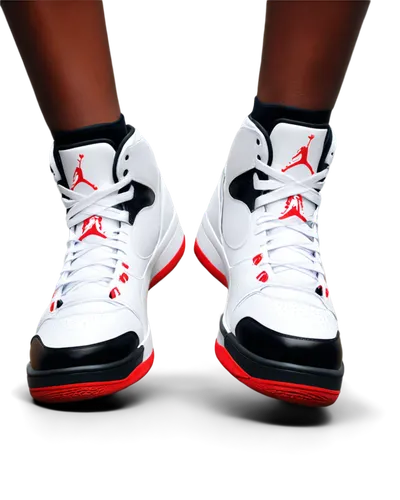 Air Jordan sneakers, white and red colorway, iconic "Jumpman" logo, laces tied, rubber sole, mesh upper, metallic eyelets, dynamic pose, low-angle shot, dramatic lighting, shallow depth of field, bold