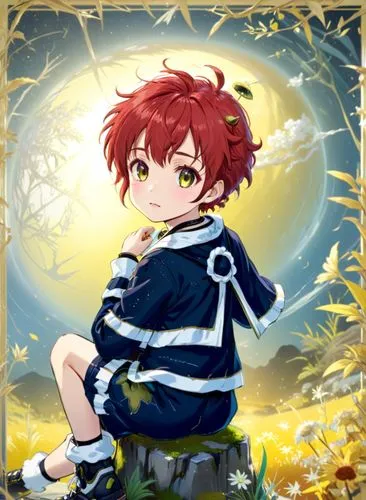 a girl in a blue top sitting on the ground with her eyes closed,autumn background,autumn icon,adol,hiromasa,tanizaki,eguren,leaf background,guren,round autumn frame,shirou,charibert,shota,ryunosuke,la