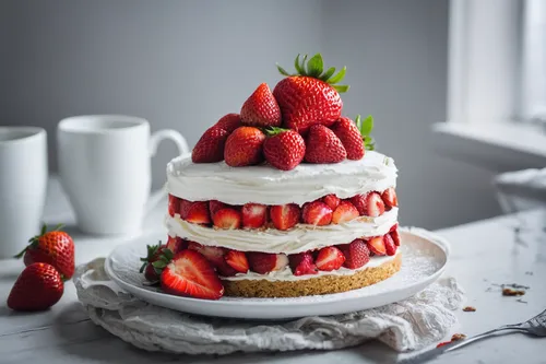 Describe a mouth-watering strawberry cake.,strawberries cake,strawberrycake,pavlova,strawberry tart,white sugar sponge cake,strawberry pie,strawberry dessert,tres leches cake,rye bread layer cake,crea