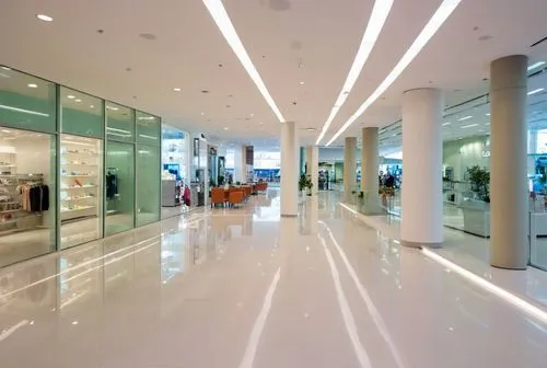 a store with a long line of retail displays,phototherapeutics,lobby,showrooms,car showroom,medibank,shopping mall,Photography,General,Realistic