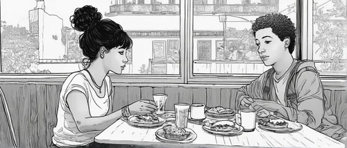 date,romantic meeting,cute cartoon image,animated cartoon,dating,conversation,woman at cafe,chinese restaurant,couple - relationship,bibimbap,courtship,romantic scene,two people,korean drama,women at cafe,chonmage,romantic dinner,young couple,couple,shirakami-sanchi,Illustration,Black and White,Black and White 16