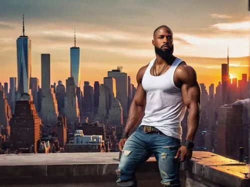 black businessman,african american male,derrick,bronx,blue-collar worker,common,roofer,sleeveless shirt,arms,muscle icon,1wtc,1 wtc,new york,jeans background,african businessman,cauderon,tall buildings,city life,digital compositing,kareem,Art,Classical Oil Painting,Classical Oil Painting 42