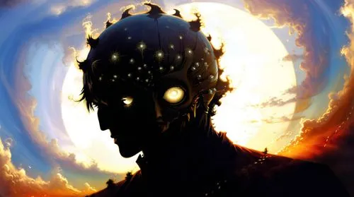 mesmerizing fracta,an illustration of the skull with glowing eyes,silhouette of man,man silhouette,nyarlathotep,sun god,silhouette art,the silhouette,Illustration,Realistic Fantasy,Realistic Fantasy 1