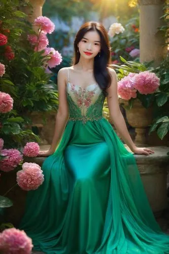 celtic woman,fantasy picture,rosa 'the fairy,jasmine blossom,vietnamese woman,oriental princess,beautiful girl with flowers,fairy queen,girl in a long dress,phuong,jasmine flower,green dress,asian woman,miss vietnam,splendor of flowers,flower fairy,chryste,margairaz,jasmine,yifei