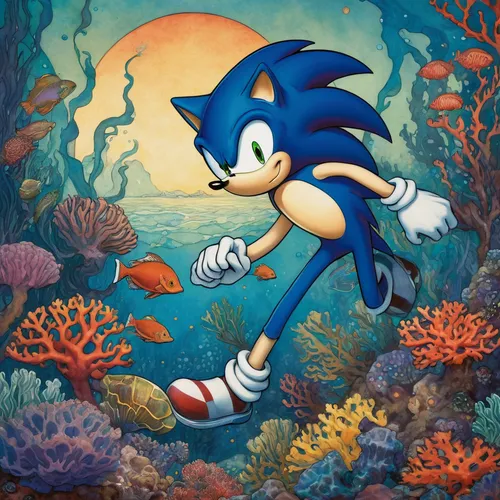 sonic the hedgehog,sega,hedgehog,underwater background,sega genesis,echidna,sega mega drive,young hedgehog,scuba,colored pencil background,hedgehogs,hedgehog child,sea-life,oil on canvas,aquatic,oil painting on canvas,dive dee,under the sea,sea,blue painting,Illustration,Retro,Retro 17