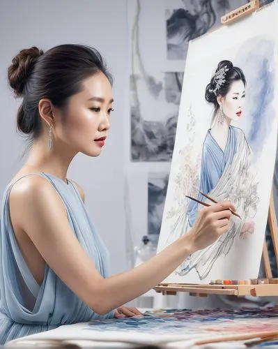 chinese art,oriental painting,meticulous painting,painting technique,photo painting,artist portrait,asian woman,japanese art,japanese woman,artist,mulan,art painting,drawing course,art model,world digital painting,illustrator,blue painting,vietnamese woman,woman sitting,painting,Photography,General,Natural