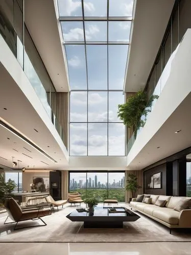 luxury home interior,glass roof,skylights,loft,modern living room,interior modern design,penthouses,glass wall,sky apartment,sunroom,living room,livingroom,minotti,contemporary decor,skylight,modern house,family room,modern room,luxury home,great room,Illustration,American Style,American Style 14