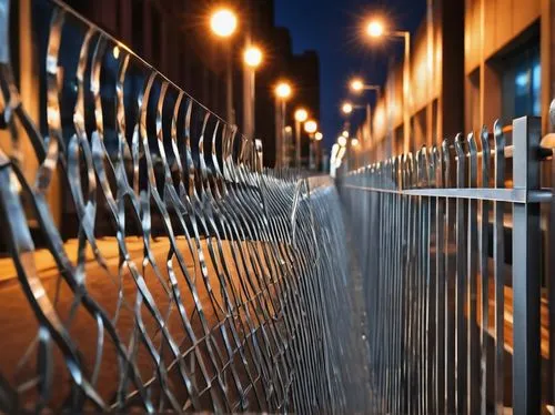 Modern architectural design, metal fencing, sleek lines, minimalist style, urban atmosphere, cityscape background, evening time, warm streetlights, detailed texture of metal, silver color with subtle 