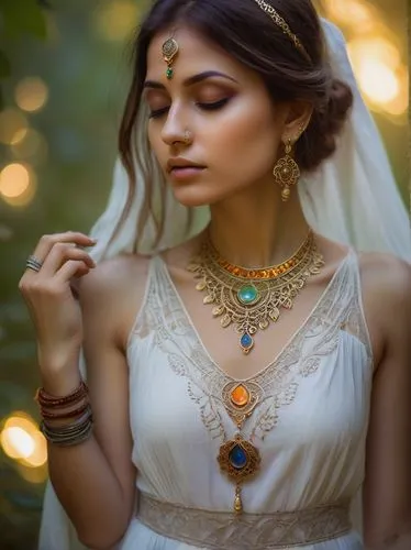 Chakra inspired, spiritual girl, glowing aura, seven chakras, Sanskrit tattoos, bindi, nose ring, flowing white dress, intricate embroidery, lotus flowers, sacred geometry patterns, Indian-inspired je