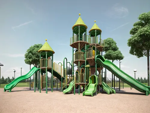 outdoor play equipment,playground slide,playground,children's playground,playset,3d rendering,play area,play yard,play tower,3d render,urban park,climbing frame,3d rendered,render,park,swing set,adven