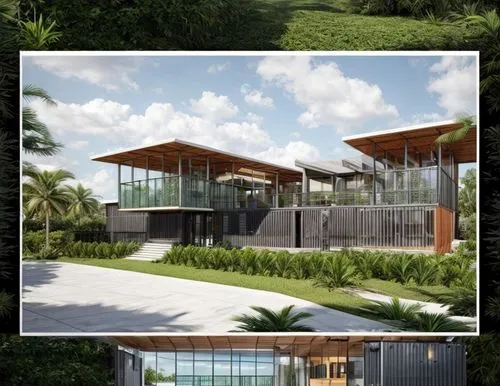 shipping container house in Miami Florida, perpendicular house,  multi-level, luxury, overhangs, modern, cedar wood, and green hanging vegetation, photo-realistic architectural rendering, ultra-resolu