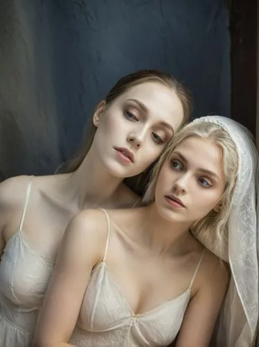 Two pretty young women wearing thin white nightdresses (ample bust, pale skin) cuddle together in a creepy old Victorian house bedroom; scene from  horror movie.,brides,wedding dresses,debutantes,jing