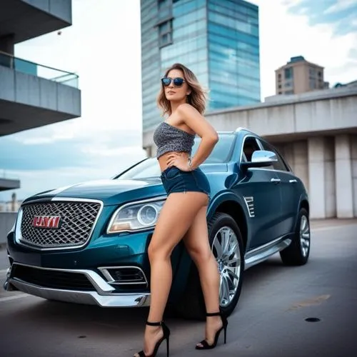 a woman posing next to a blue car in a parking lot,car model,fabia,girl and car,supercedes,lacetti,bentleys