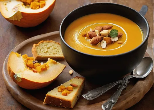 Pumpkin soup served with croutons and almonds,pumpkin soup,cream of pumpkin soup,potatoes with pumpkin,carrot and red lentil soup,hokkaido pumpkin,calabaza,butternut squash,pumpkin autumn,corn chowder