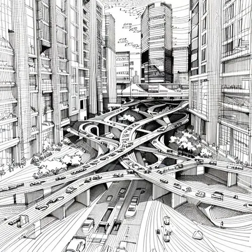 urbanization,destroyed city,sci fiction illustration,urban development,urban design,macroperspective,escher,smart city,intersection,metropolises,structures,complexity,panoramical,futuristic architecture,metropolis,virtual landscape,cities,the loop,city blocks,infrastructure,Design Sketch,Design Sketch,None