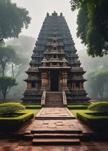 Ancient Indian temple, intricately carved stone walls, ornate sculptures, vibrant colors, intricate mandalas, towering gopuram, majestic entrance gate, serene courtyard, lush greenery surroundings, wa