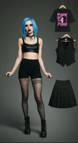 Paper doll 2d cartoon punk blue haired girl in black sleeveless shirt , black spandex shorts, complete full length fishnet and black punk knee Boots, standing surrounded by with a set of punk fashion 