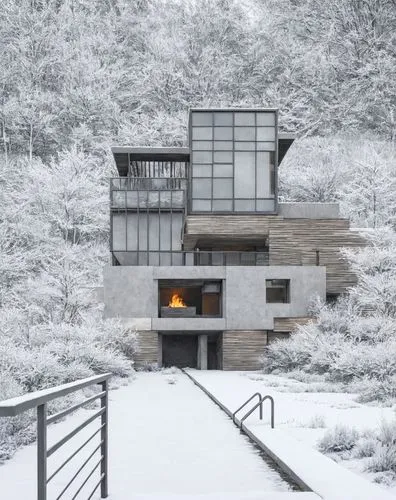 下雪天,a house surrounded by a forest covered in snow,winter house,cubic house,snohetta,zumthor,snow house,snowhotel,Season,Winter