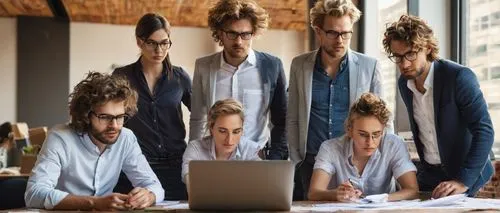 Modern architects, group of people, diverse ages, casual clothing, jeans, white shirts, black glasses, messy hair, laptops, blueprints, pens, serious facial expressions, standing, leaning, crouching, 