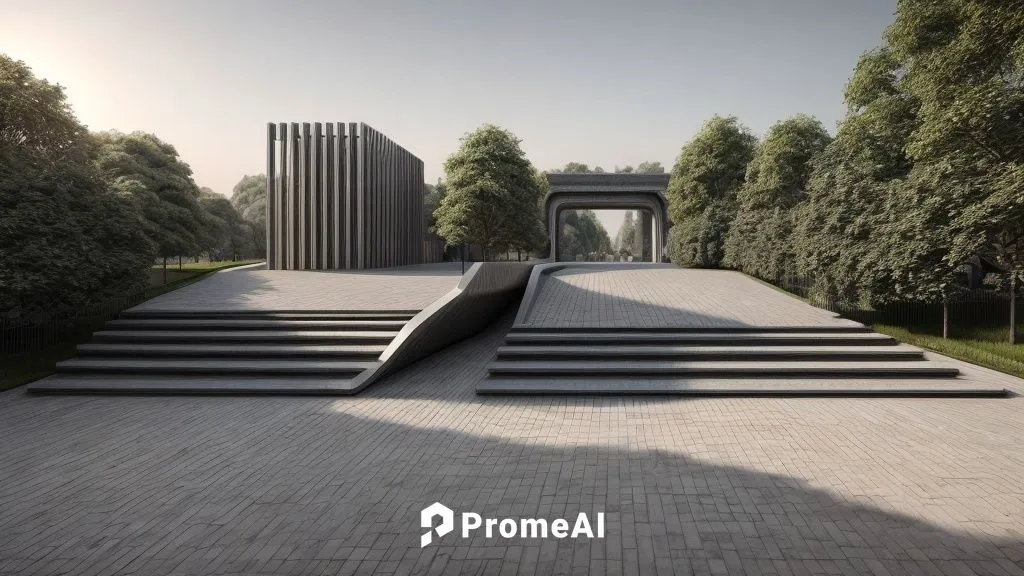 scalinata di cemento con un tunnel in mezzo e alberi ai lati,holocaust memorial,k13 submarine memorial park,archidaily,9 11 memorial,3d rendering,corten steel,hermannsdenkmal,walkway,mausoleum,landsca