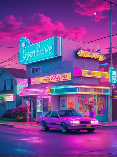 In a small town called Greenfield, Matt McKee experiences bizarre occurrences.,retro diner,neon coffee,drive in restaurant,neon candies,neon cocktails,neon ghosts,neon arrows,neon sign,neon drinks,neo