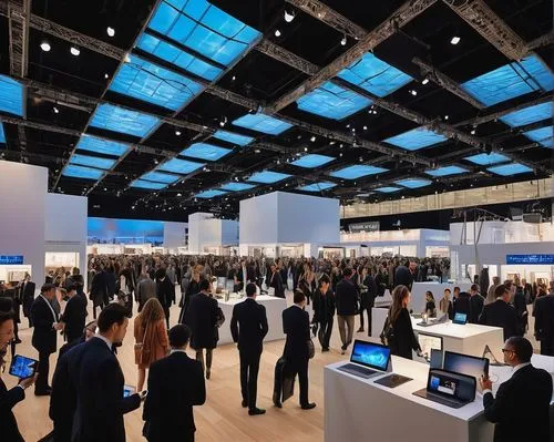 Modern architectural digest design show, New York City, evening, indoors, Javits Center, 3/4 composition, low-angle shot, warm lighting, crowd of people, men and women, suits, dresses, glasses, briefc