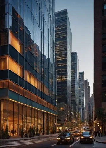 Spruce Street, 8th avenue, modern architecture, sleek skyscraper, glass curtain wall, silver metallic frame, LED lights, evening ambiance, cityscape, urban jungle, busy streets, cars passing by, peopl