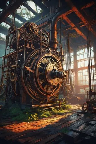 steampunk gears,industrial ruin,industrial landscape,machinery,mechanical,refinery,steampunk,industrial plant,industrial,generator,cog,abandoned factory,old factory,abandoned rusted locomotive,industries,steam engine,empty factory,industrial hall,generators,heavy water factory,Conceptual Art,Daily,Daily 21