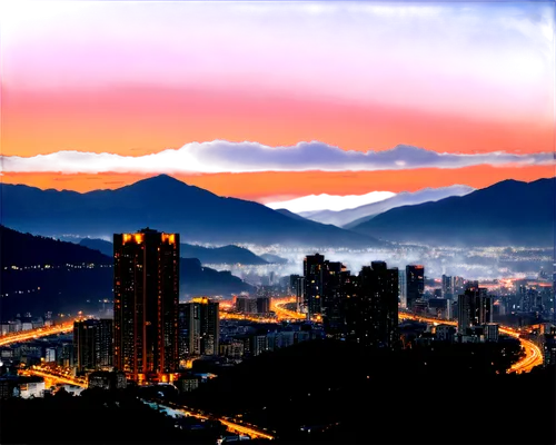 Soft twilight, warm orange sky, silhouette buildings, cityscape, modern skyscrapers, distant mountains, misty atmosphere, streetlights, warm glow, shallow depth of field, cinematic composition, panora