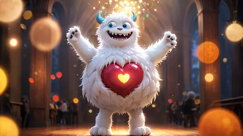 a fuzzy white monster, wtih a heart shape logo on chest, ball shaped, friendly looking, fine hair,disney baymax,gromit,heart background,whitebear,samoyed,reignited,samoyedic,the holiday of lights,chri