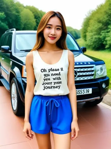 Oh please, I need you to take me with you on your great journey!,the asian girl is smiling by her car,phuquy,jimny,girl in t-shirt,car model,wangsness,landrover