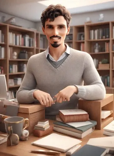 bibliographer,man with a computer,encyclopedist,encyclopedists,bookseller,librarian,Digital Art,3D