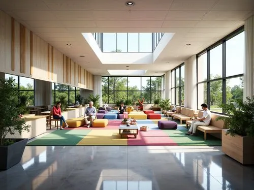 school design,daylighting,3d rendering,renderings,sunroom,atriums,interior modern design,render,dormitory,clubroom,atrium,renders,mid century modern,modern living room,seating area,modern office,midcentury,oticon,lobby,leisure facility