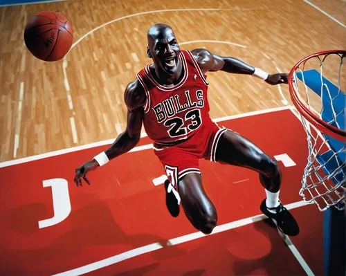 Michael Jordan, basketball legend, athletic build, wearing iconic Jordan 4 sneakers, red and black color scheme, detailed laces, white socks, sporty shorts, confident facial expression, intense gaze, 