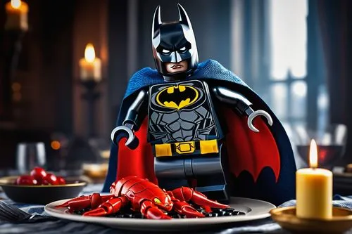 Dark Knight Batman, Lego version, standing heroically, bright blue and grey armor, golden utility belt, intense gaze, muscular legs, claws grasping, giant red Lobster Thermidor, steaming hot, butter d