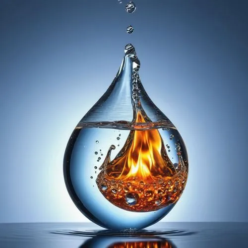 Large drop of water extinguishing small flame ,fire and water,bottle fiery,distillation,firewater,distill,erlenmeyer flask,filtrate,chemical reaction,combustibles,glassblower,no water on fire,fire fig