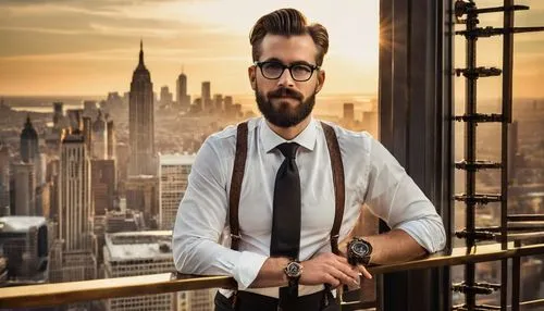 Architectural designer, job opening, modern office, cityscape, skyscraper, 30s, male, glasses, neat beard, white shirt, black tie, dark jeans, leather shoes, standing, confident pose, holding blueprin