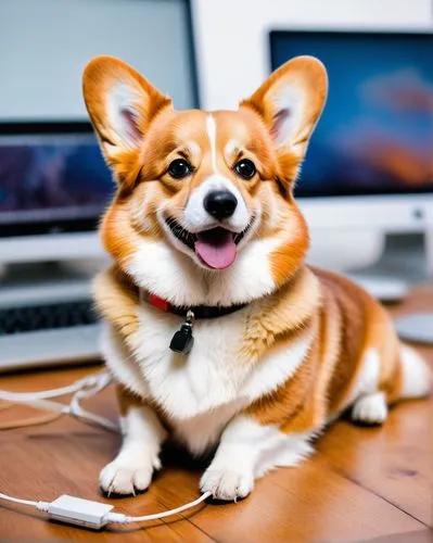 cute corgi, reddit mascot, sitting, front legs crossed, adorable eyes, fluffy ears, short legs, cute nose, smiling face, orange fur, white belly, paws, lying on a wooden floor, surrounded by computers