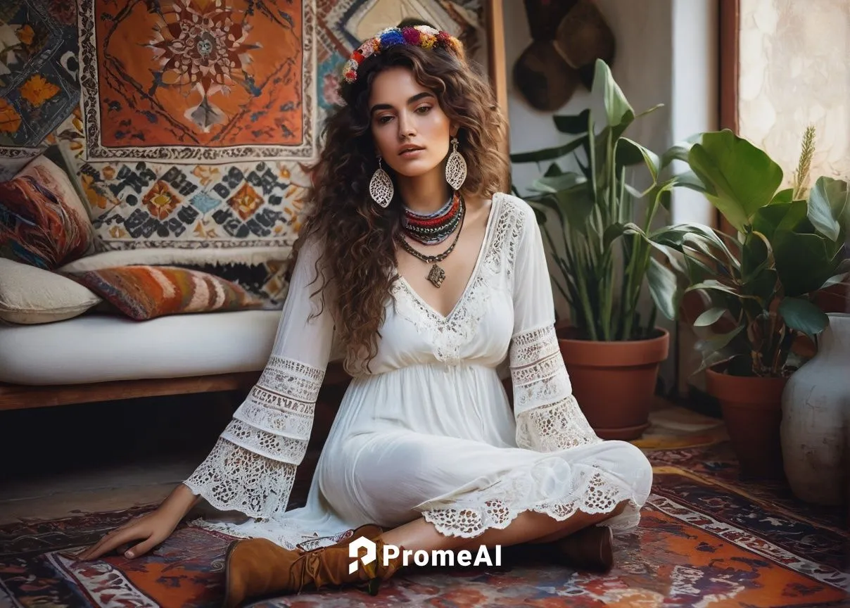 Free-spirited woman, gypsy boho style, curly brown hair, colorful headscarf, exotic earrings, bold eyebrows, warm skin tone, flowy white dress, layered lace trim, embroidered flowers, bell sleeves, an