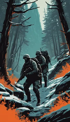 Craft a thrilling adventure where a group of soldiers must survive in the wilderness.,forest workers,game illustration,patrols,lost in war,scouts,patrol,troop,mountain rescue,vector illustration,game 