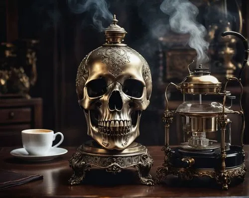 Gothic-inspired, ornate skull, steam-emitting, bronze-colored, intricate details, mysterious eyes, coffee maker, old-fashioned, Victorian-era, luxurious velvet cloth, surrounded by, dark wooden table,