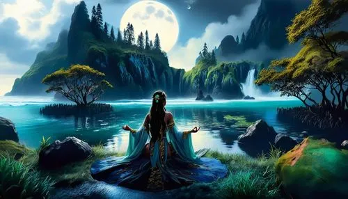 a woman is standing in front of a lake,fantasy picture,moonsorrow,fantasy art,alfheim,llorona,fantasy landscape,Illustration,Realistic Fantasy,Realistic Fantasy 25