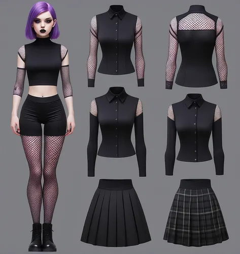 Paper doll goth purple dyed haired girl in black sleeveless shirt ,black tight fit spandex shorts, complete full length fishnet and black boot standing surrounded by with a set of goth fashion clothin