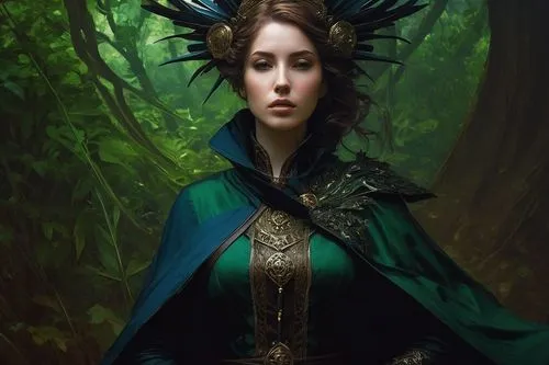 Using this photo I want to see a more contemporary version of this image. I wan the color scheme to be dark blue, dark green, brown and black.,dryad,celtic queen,morwen,the enchantress,druidic,sorcere