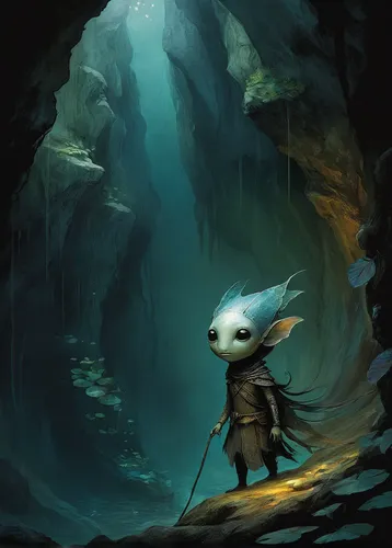 adventurer,wander,mountain guide,the wanderer,exploration,wanderer,cave tour,dungeons,hollow way,white rabbit,game art,cave,traveler,scandia gnome,bard,fisherman,pilgrimage,light bearer,game illustration,the descent to the lake,Illustration,Abstract Fantasy,Abstract Fantasy 18