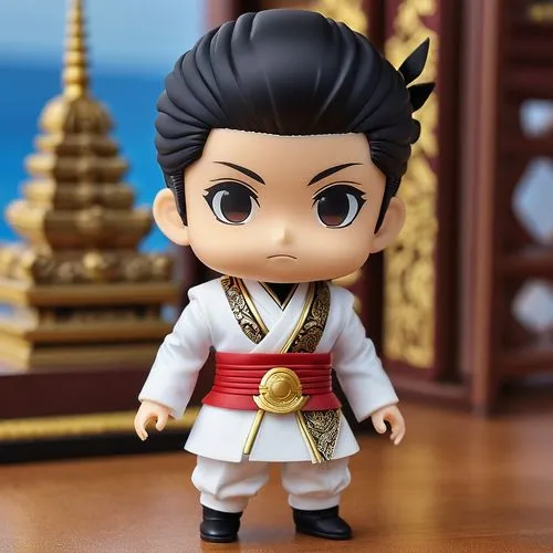 “Create a 3D image of a male nendoroid figure with the following details: 3D printed clothes as accessories, using Thermoplastic Polyurethane (TPU) Fabric material. The shirt has 3 circular buttons ma