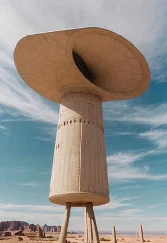 a tall tower made from ancient desert stone,mexican hat,ufo,saucer,radar dish,ufo intercept,conical hat,ufos,flying saucer,brauseufo,arid land,close encounters of the 3rd degree,sombrero,dish antenna,