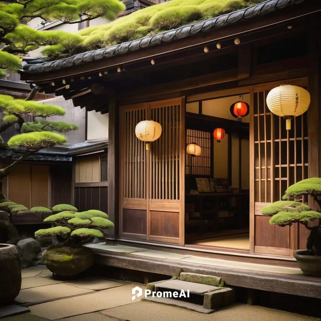 Traditional Japanese architecture, old bookstore, Tokyo, Shinjuku district, wooden facade, sliding doors, tatami mats, shoji screens, paper lanterns, bonsai trees, stone garden, moss-covered walls, tr